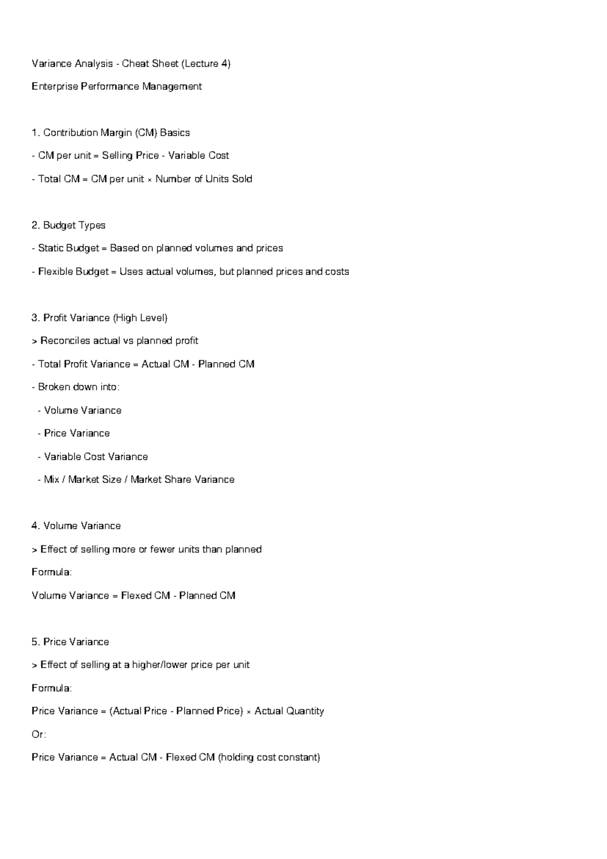 Variance Analysis Cheat Sheet (Lecture 4) for EPM Students - Studocu