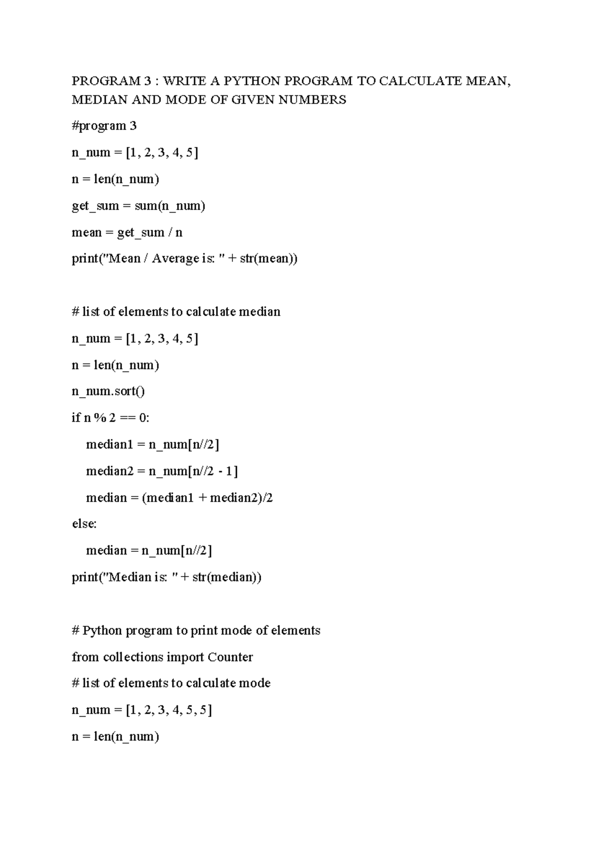 BCA 3: Python Program for Mean, Median, and Mode Calculation - Studocu