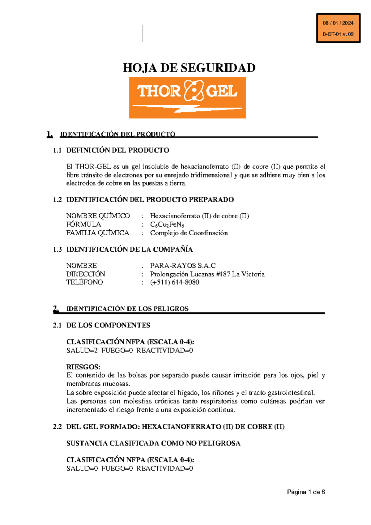 MSDS THOR-GEL (D-DT-01 v. 02): Seguridad y Manejo del Producto - Document Preview
