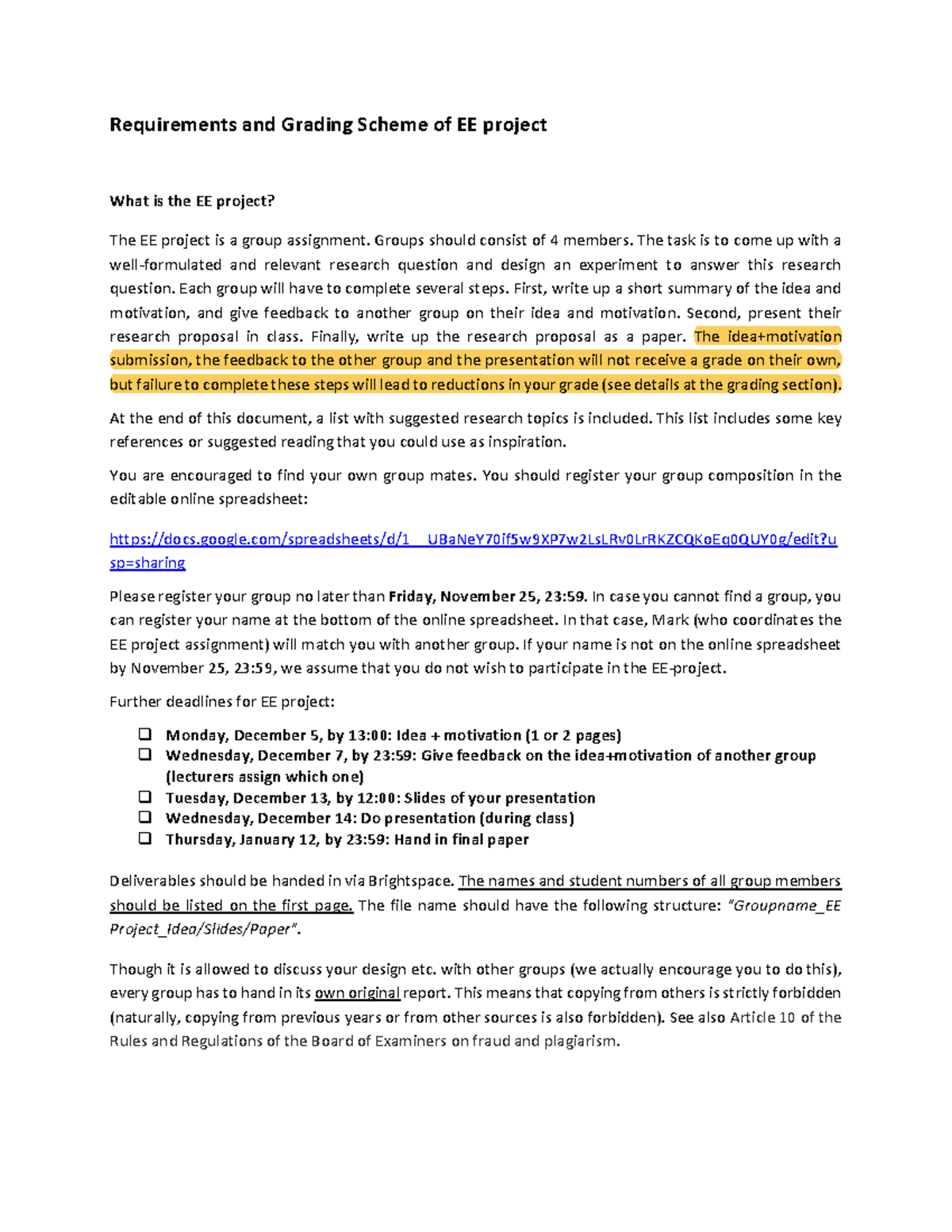 EE Project Requirements & Grading Scheme (2022-2023) - Studeersnel