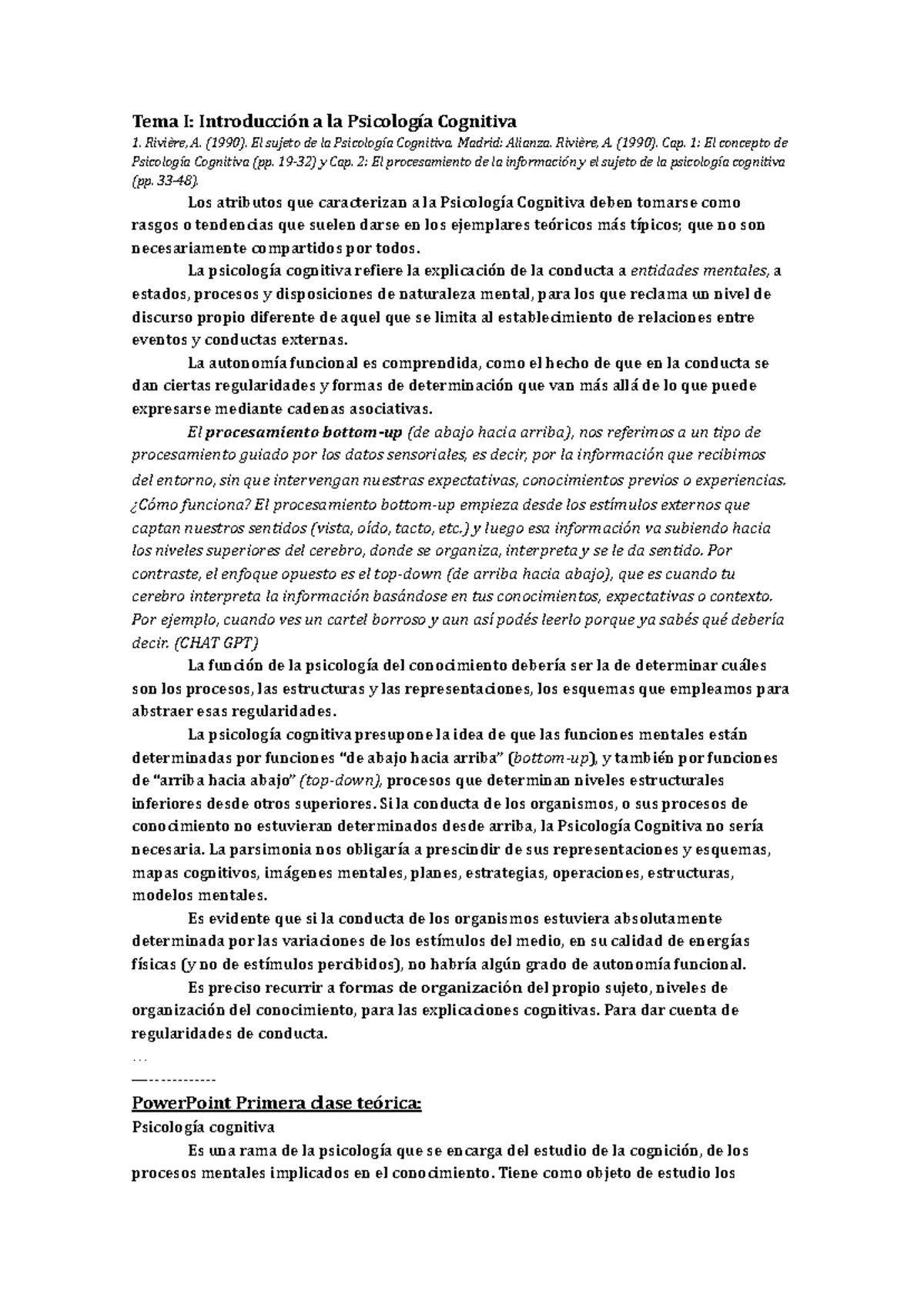Tema I: Introducción a la Psicología Cognitiva - Resumen Bilbio - Studocu