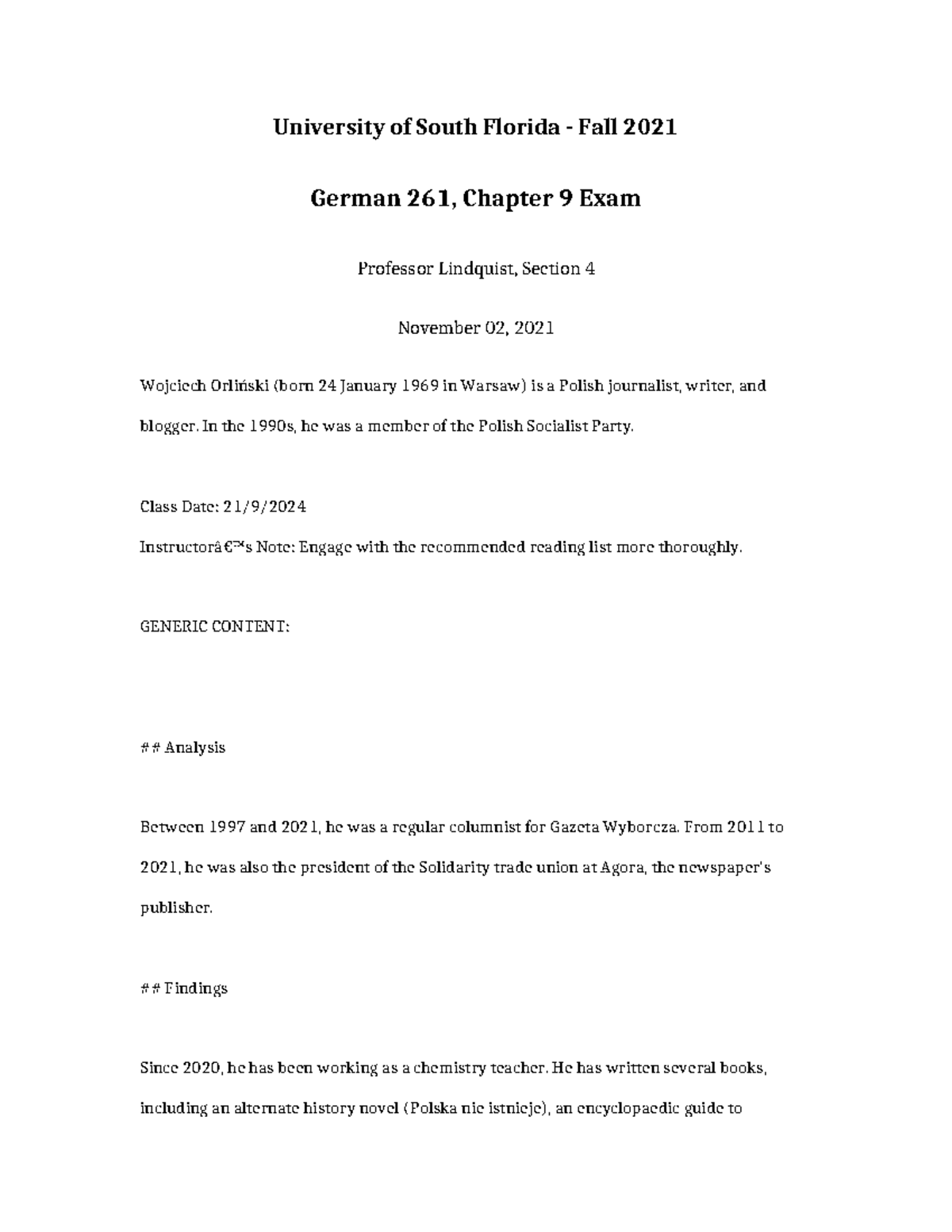 USF German 261 Fall 2021 Chapter 9 Exam Overview and Insights - Studocu