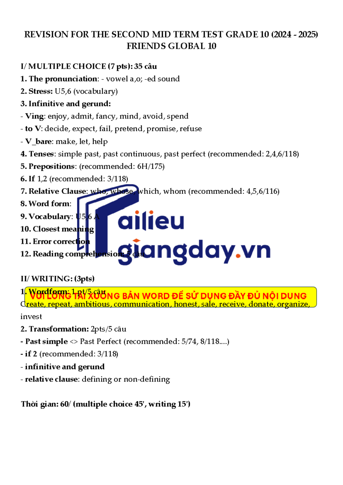 REVISION GUIDE FOR GRADE 10 MIDTERM EXAM (2024-2025) FRIENDS GLOBAL ...