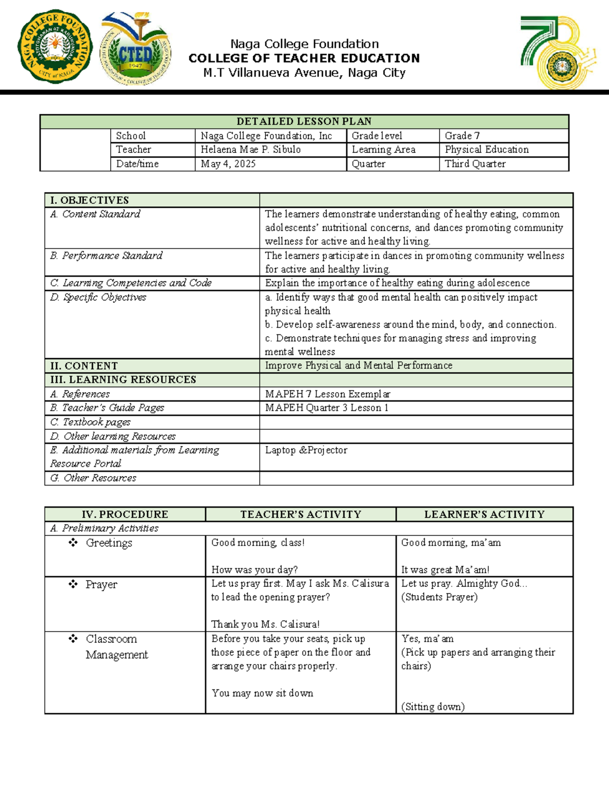 Detailed Lesson Plan for Grade 7 MAPEH: Physical & Mental Wellness ...