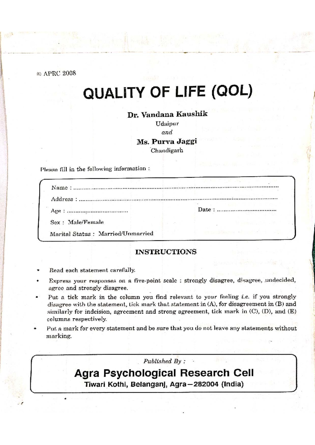 QOL Questionnaire & Manual: Assessing Quality of Life (QOL) - Studocu