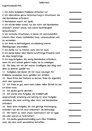 Selbsttest zum Kognitionsbedrfnis: Ein Analytischer Ansatz - Studocu