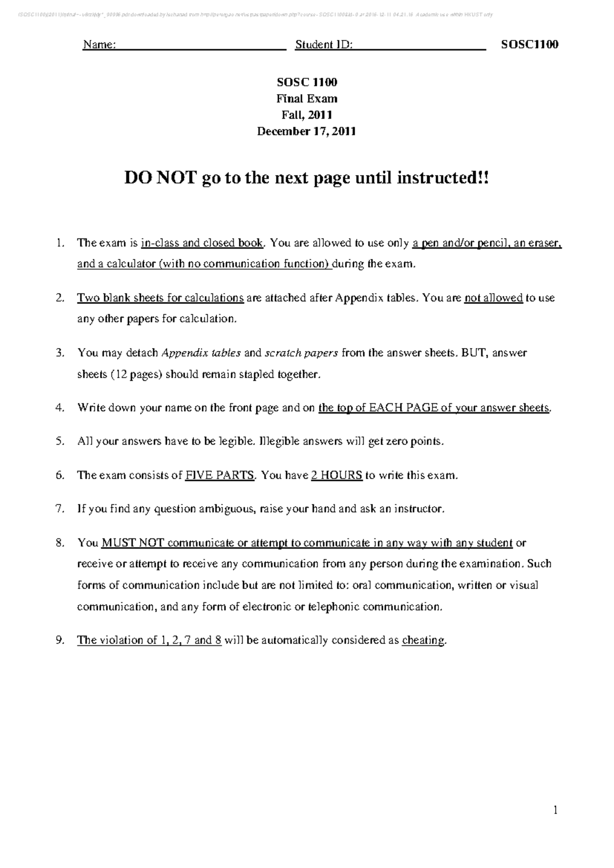 Final Exam SOSC1100 - Questions and Instructions (Fall 2011) - Studocu