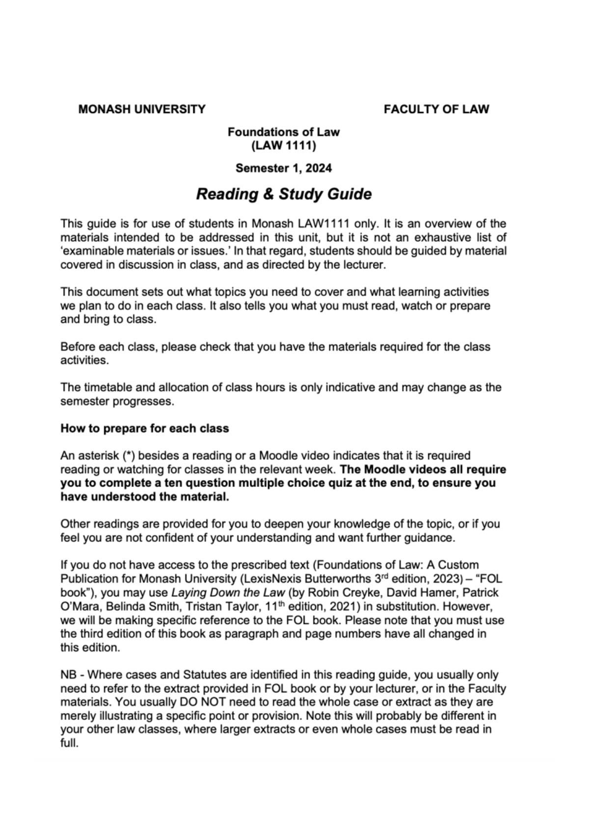 Foundations of Law (LAW Semester 1, 2024) Reading Study Guide - Studocu