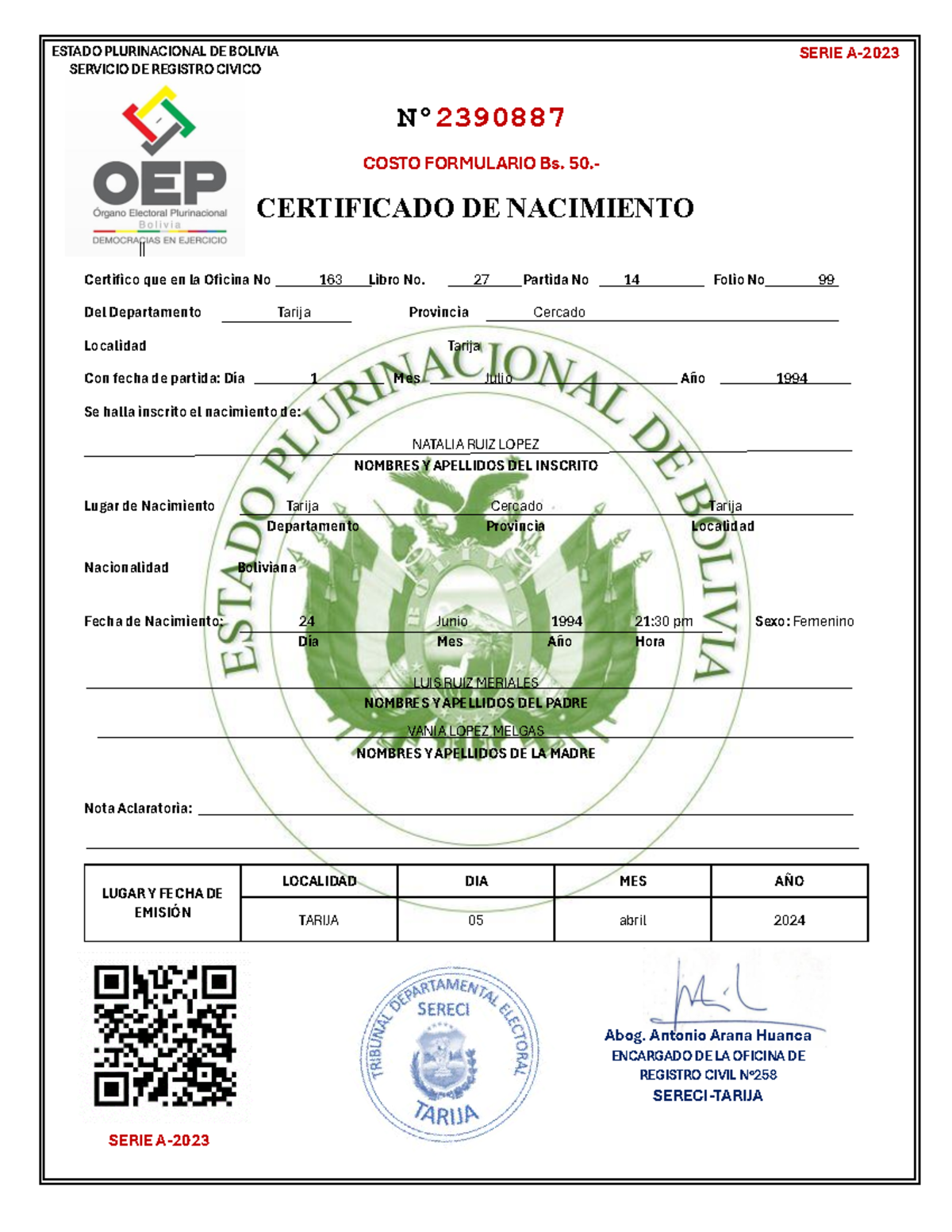Certificado de Nacimiento de Natalia Ruiz Lopez - Tarija 1994 - Document Preview