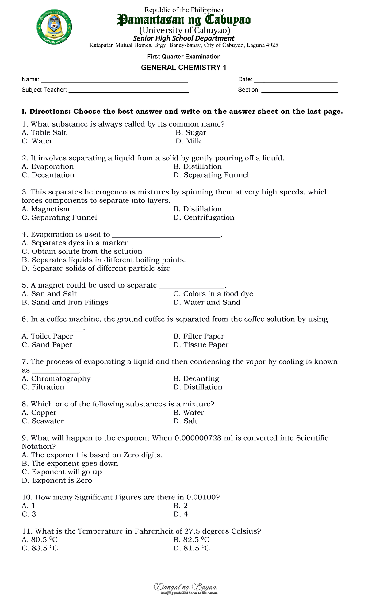 General Chemistry 1: First Quarter Exam Questions and Answers - Studocu