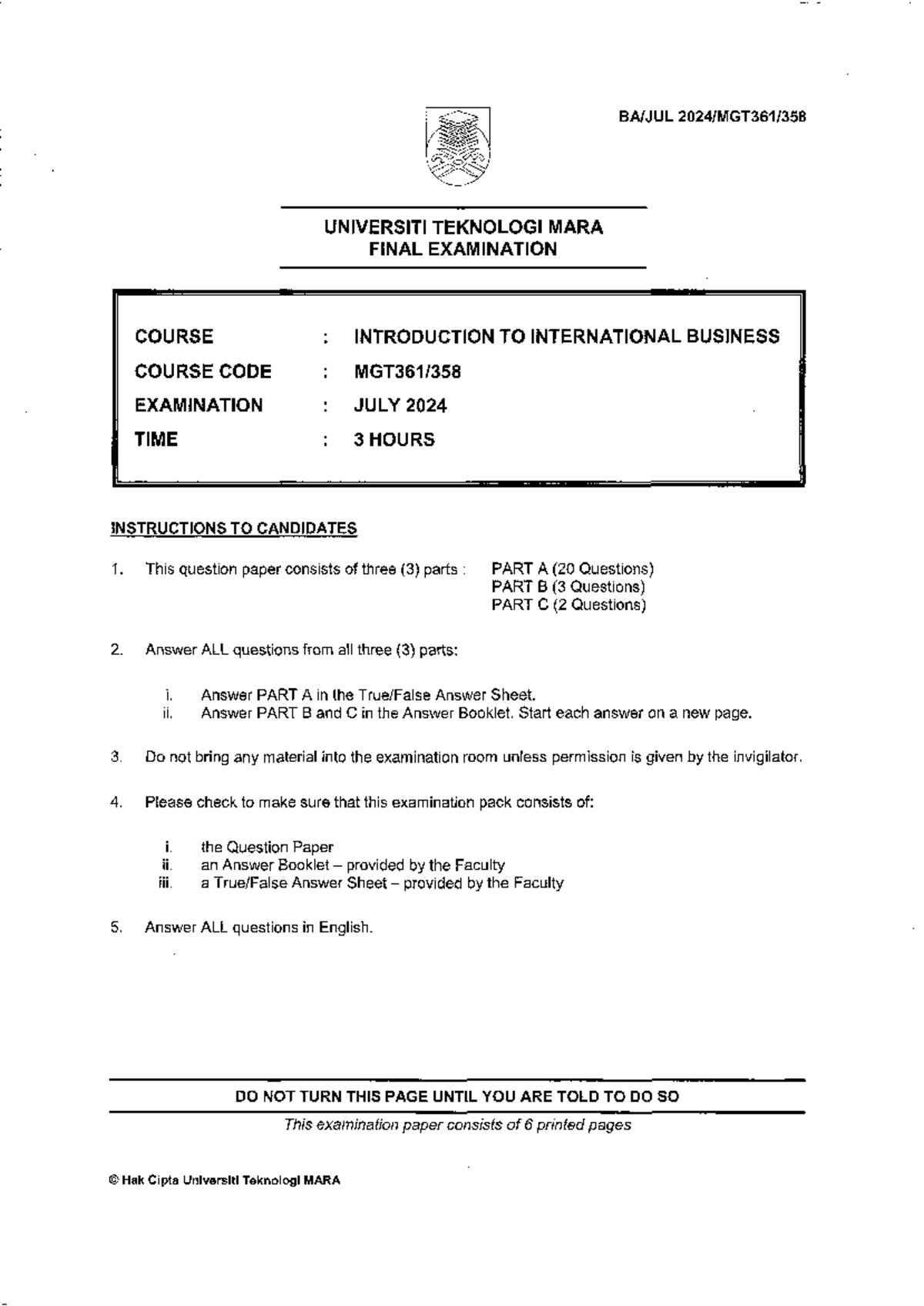 MGT361 - Final Exam Paper: Introduction to International Business - Studocu
