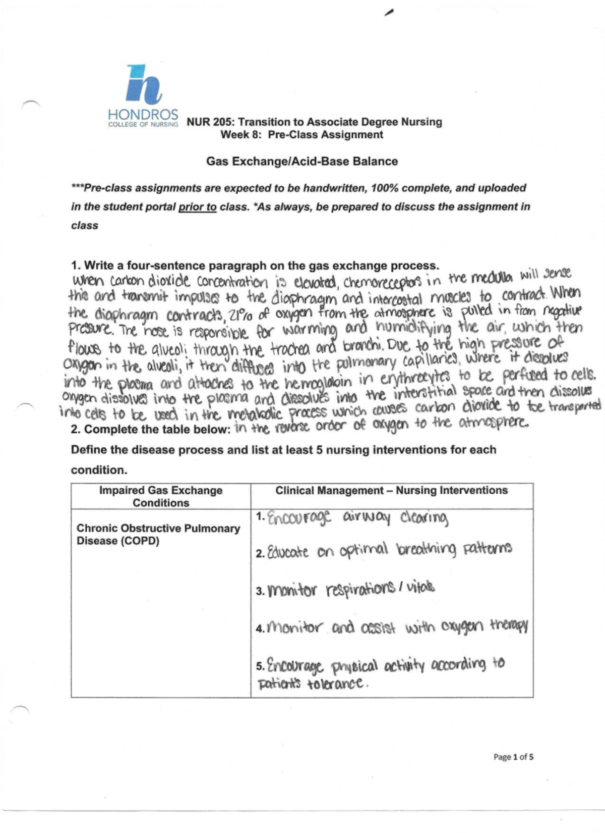NUR 205 Week 8: Gas Exchange and Clinical Management Assignment - Studocu