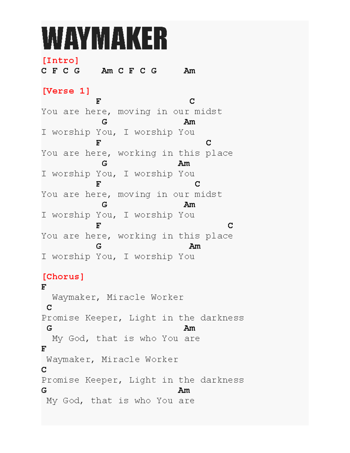 Waymaker 2 - Songs and chords - WAYMAKER [Intro] C F C G Am C F C G Am ...