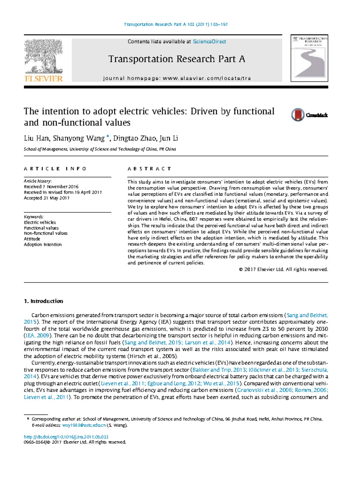 The Intention to Adopt Electric Vehicles: Functional and Value ...