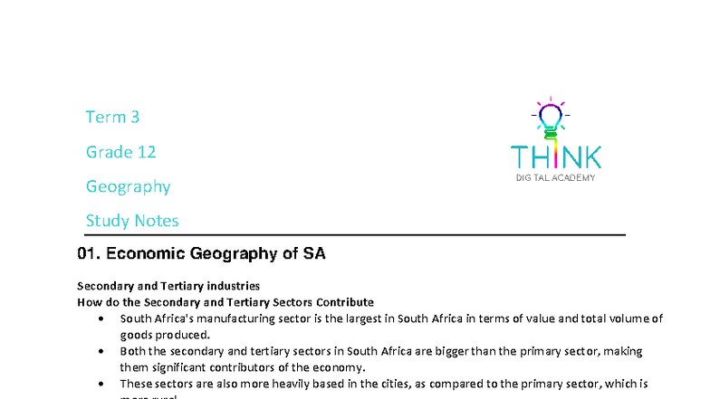Geography GR12 Term 3 Study Notes: Economic Sectors in South Africa ...