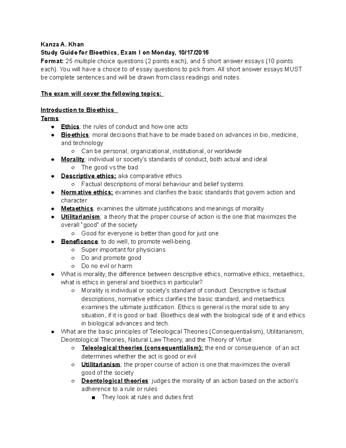 Bioethics Study Guide: Comprehensive Review for Exam 1 - Studocu