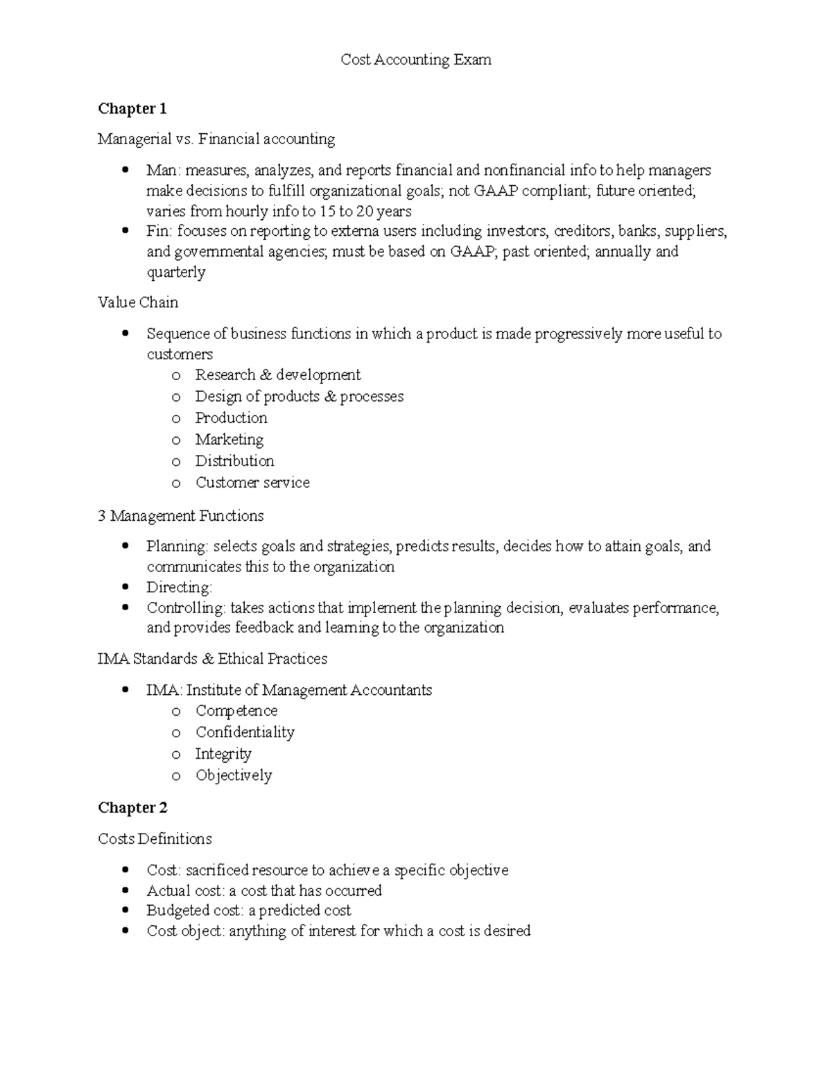 Cost Accounting Exam 1 Review Notes: Key Concepts & Definitions - Studocu
