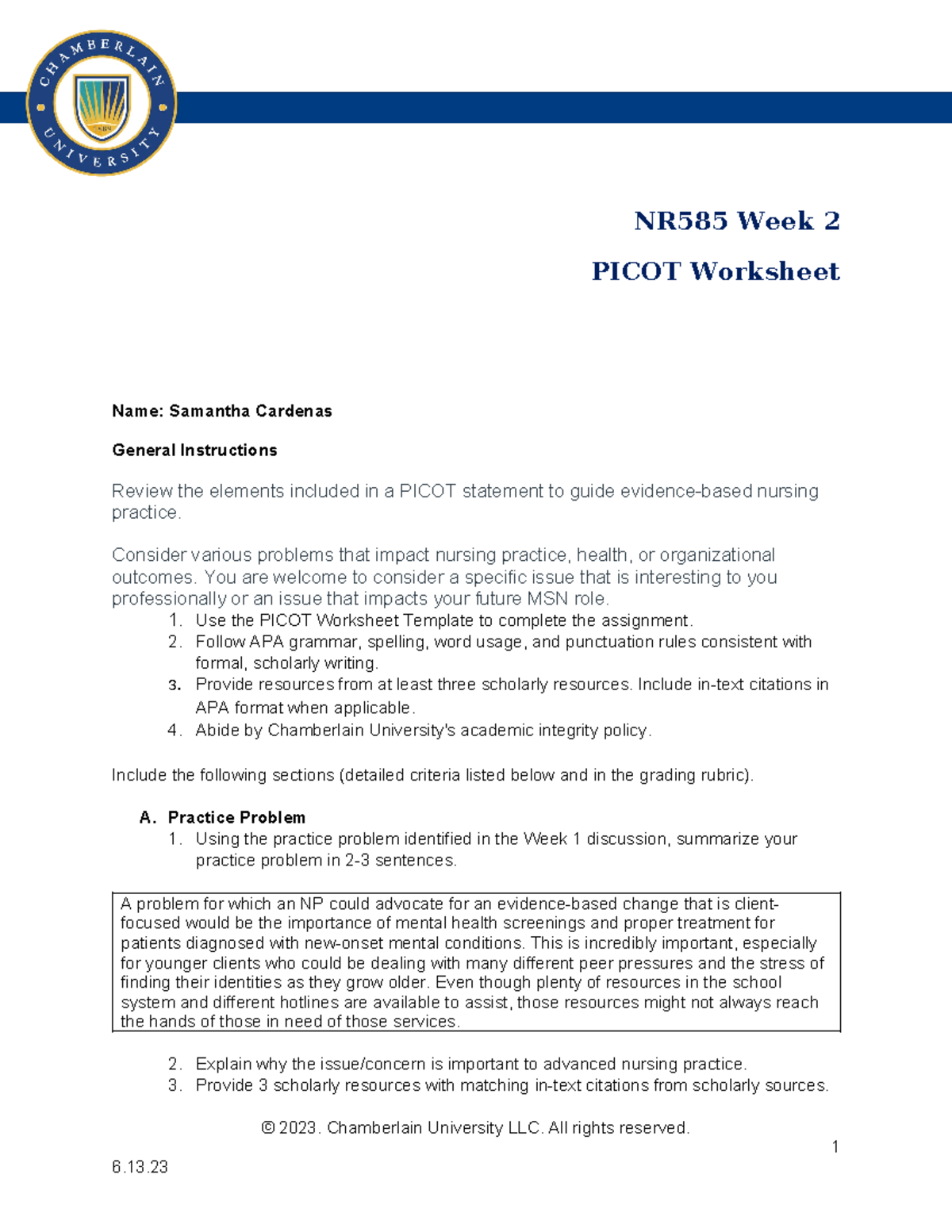 NR585 PICOT Worksheet for Mental Health Screening Assignment MAY24 ...
