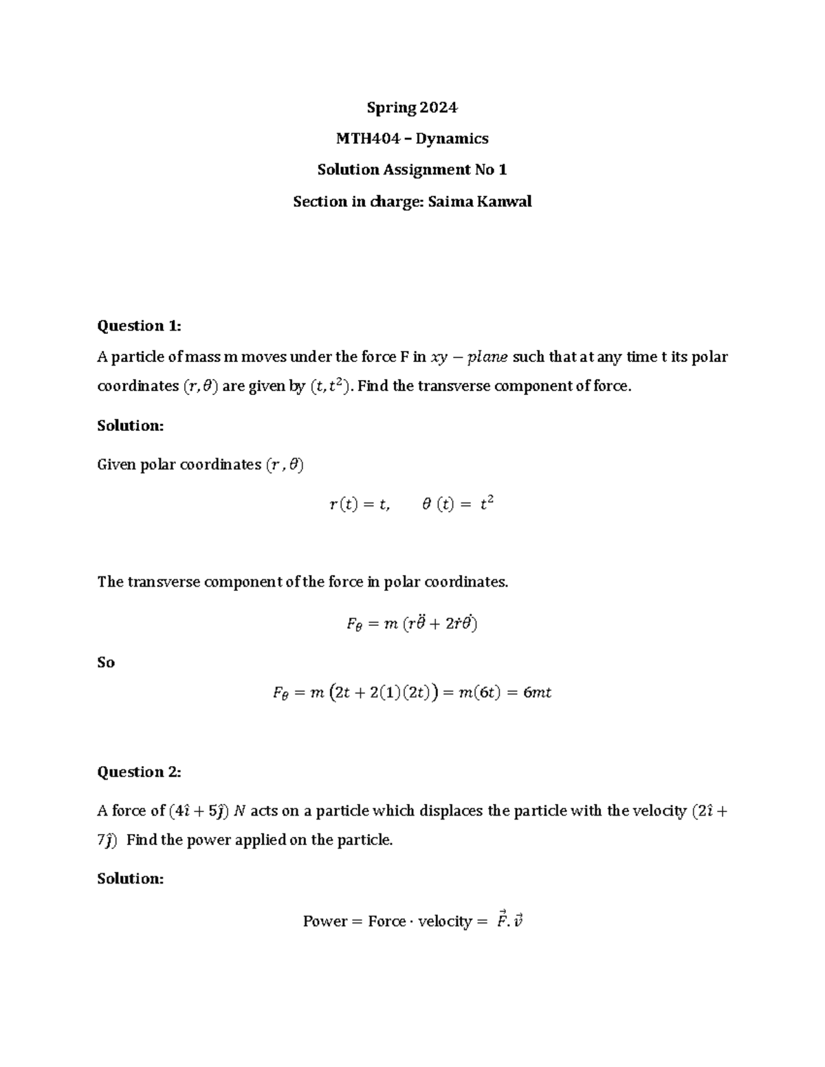 Spring 2024 MTH404 Dynamics Solution Assignment No 1 - Studocu