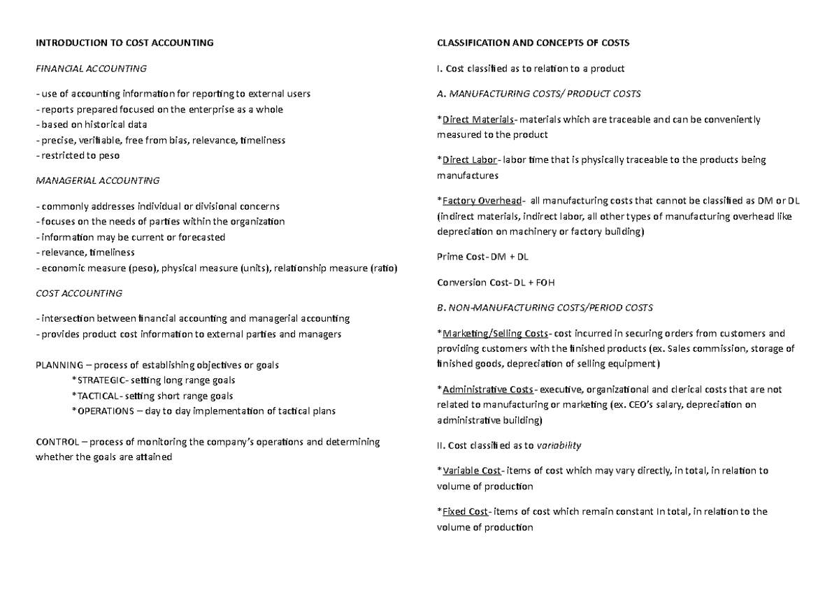Cost Accounting Review Notes for ACCT 301: Key Concepts & Methods - Studocu