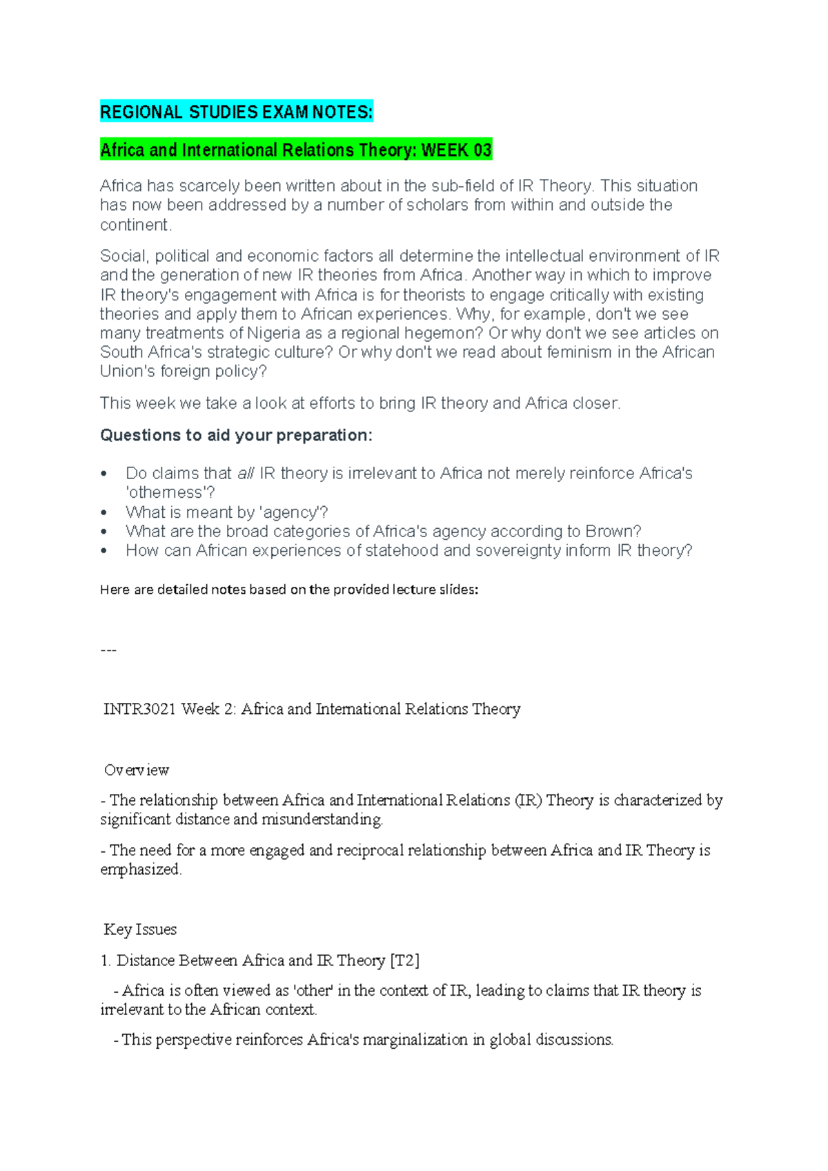 Regional Studies EXAM Notes: Africa and IR Theory Insights - WEEK 03 ...