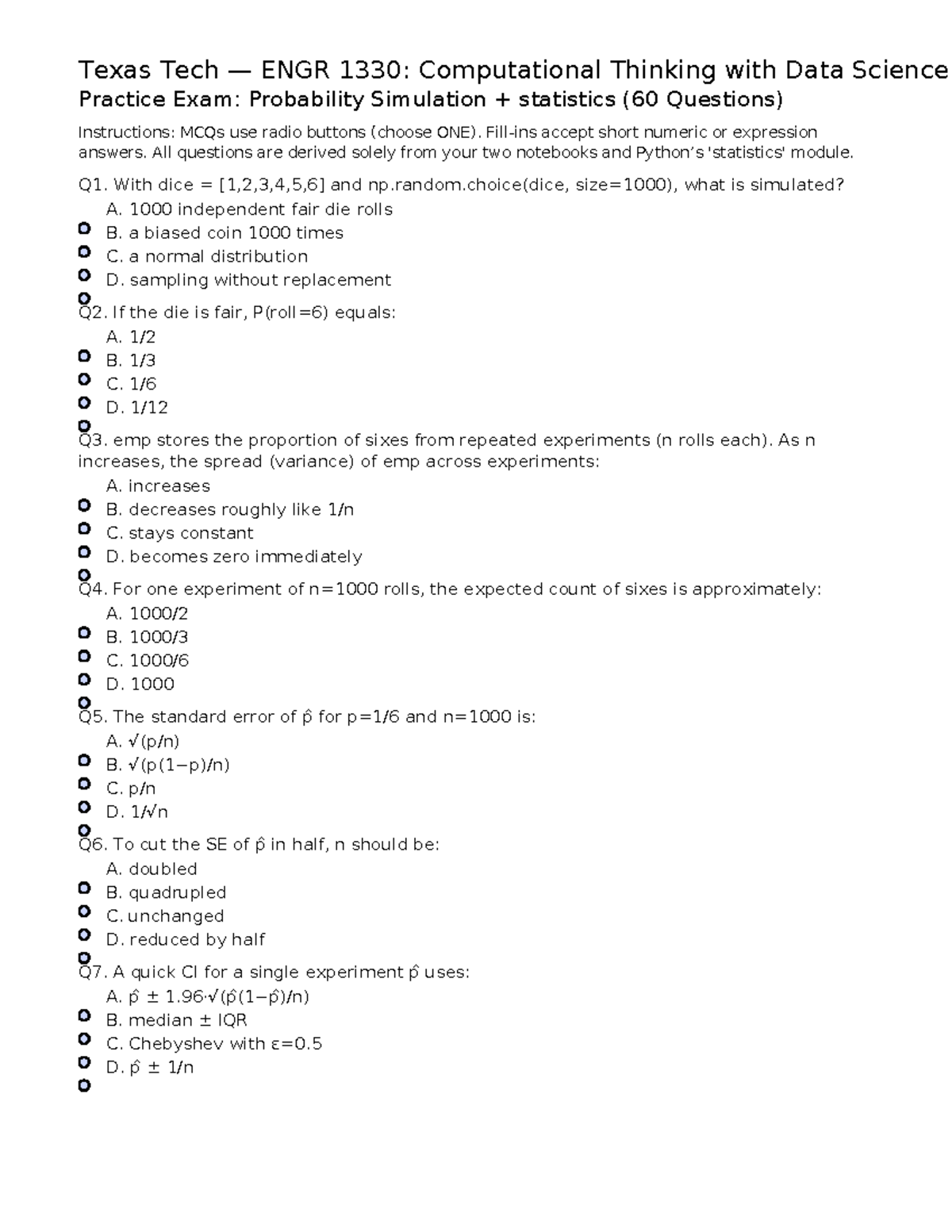 Texas Tech ENGR 1330: Probability Simulation Practice Exam (60 ...