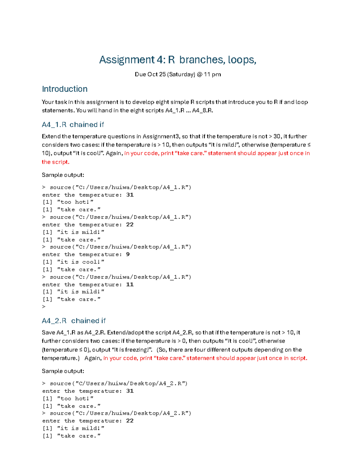 Assignment 4: R Scripts for Branches and Loops - Studocu