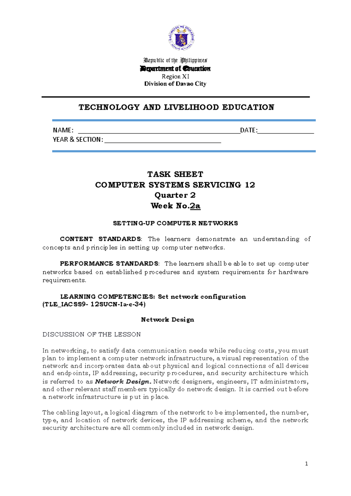 G12 TLE CSS Q2 W2a LO2 Setting Up Computer Network Design - Studocu