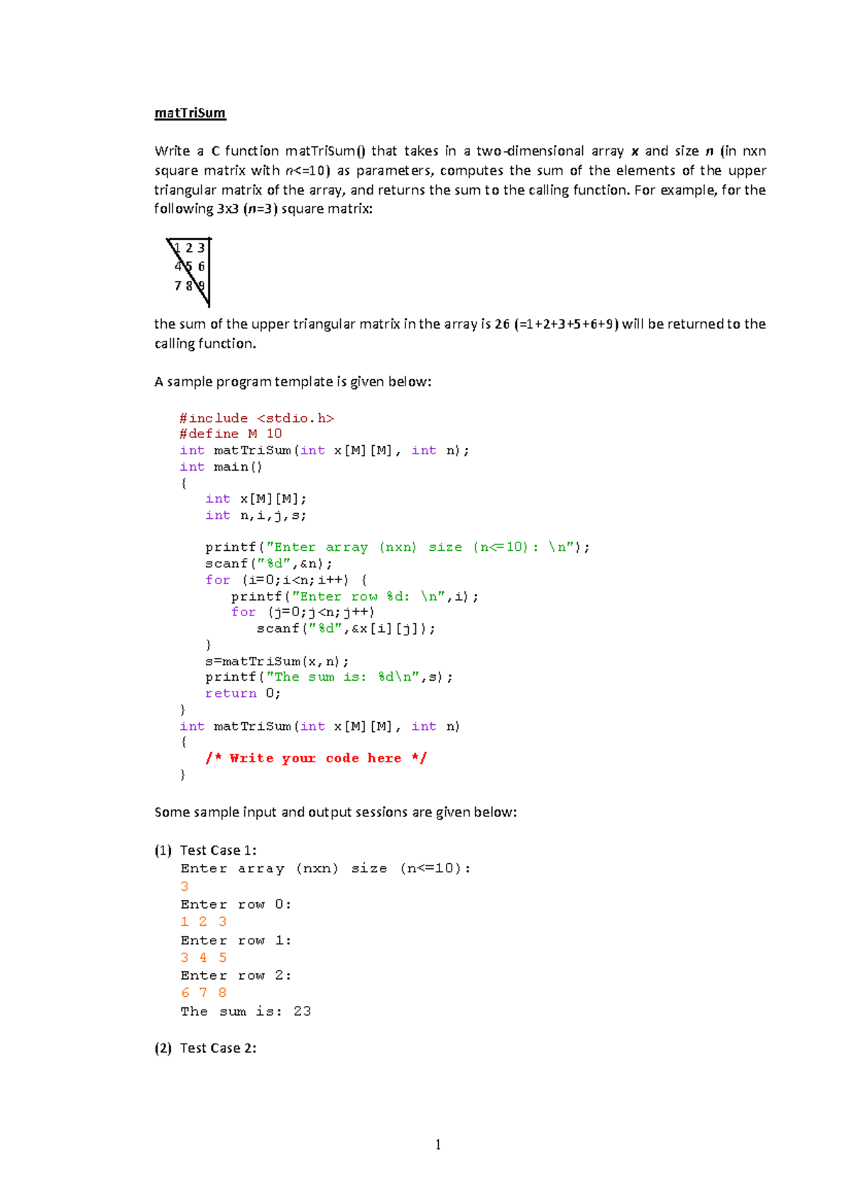 C Function: matTriSum - Upper Triangular Sum Calculation - Studocu