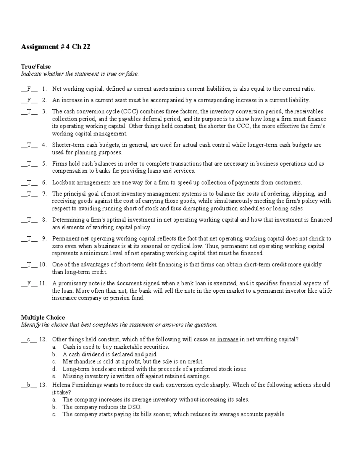 Assignment #5: True/False & Multiple Choice Questions for Ch 10 - Studocu
