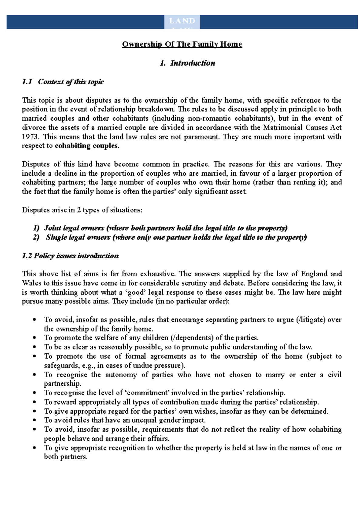 Week 3 & 4 - Legal Considerations of Family Home Ownership - Studocu