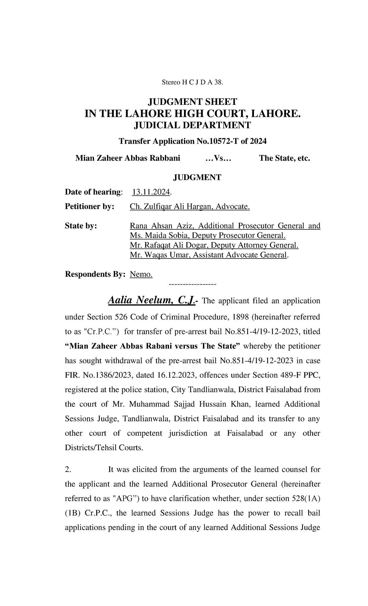 2024LHC5077 - Case Law - Stereo H C J D A 38. JUDGMENT SHEET IN THE ...