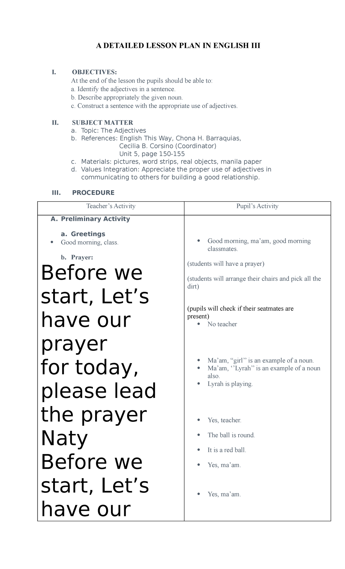 Detailed Lesson Plan on Adjectives for English I - Studocu