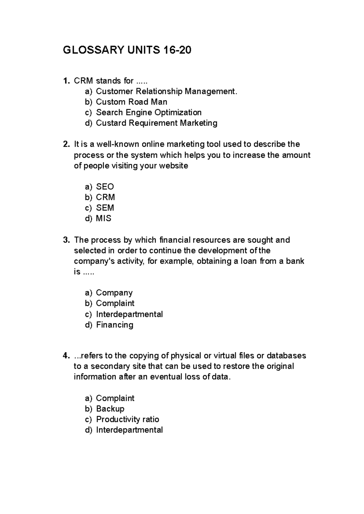Glossary for Units 16-20: Key Terms in Business (Curso: Empresa) - Studocu