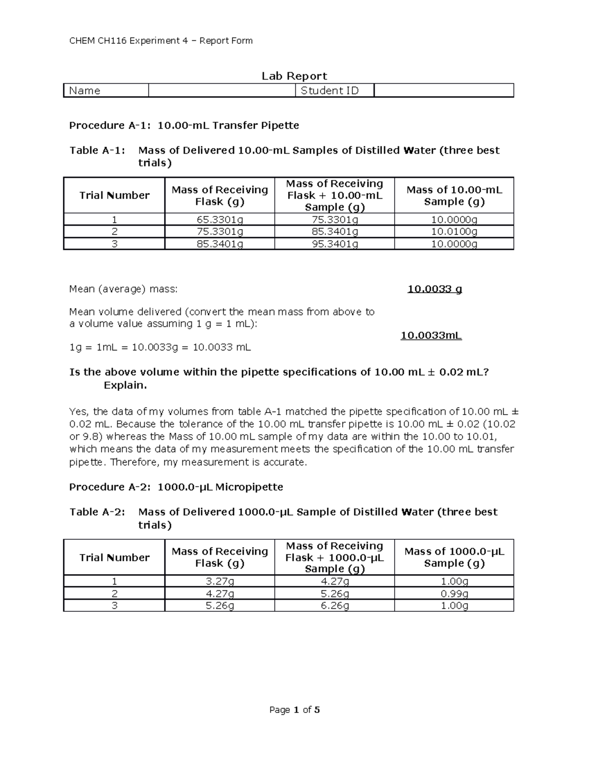 CHEM CH116 Lab Report: Volumetric Glassware Experiment 4 Results - Studocu