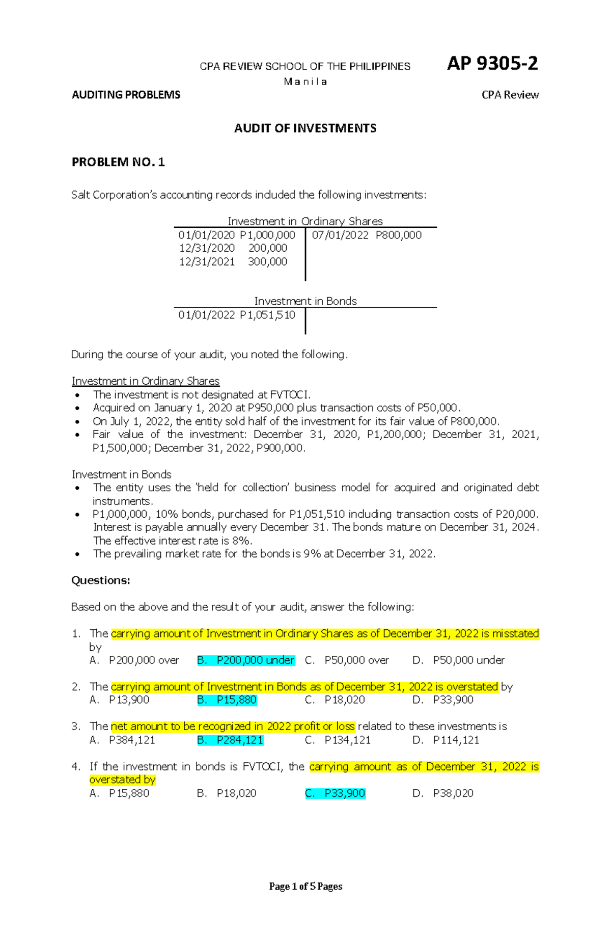 AP 9305-2 Audit of Investments: Problems and Solutions - Studocu
