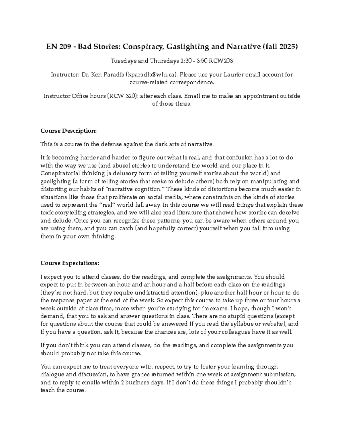 EN 209 Bad Stories: Syllabus for Fall 2025 Course - Studocu