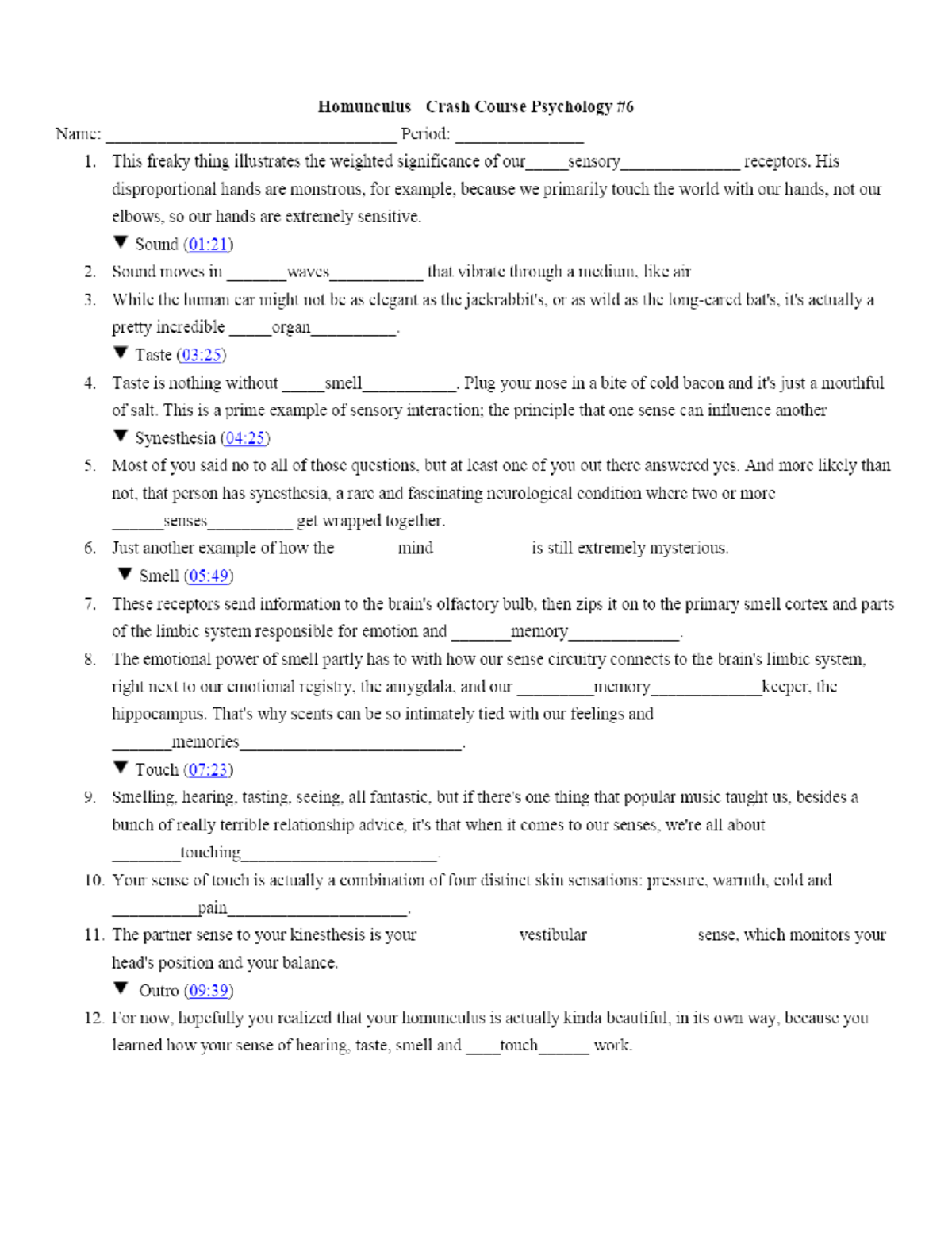 CC Psych 6 - Homunculus and Sensory Perception Crash Course Worksheets ...