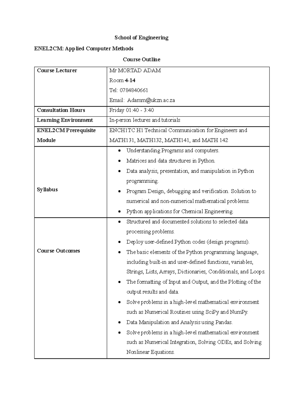 ENEL2CM: Applied Computer Methods Course Syllabus Overview - Studocu