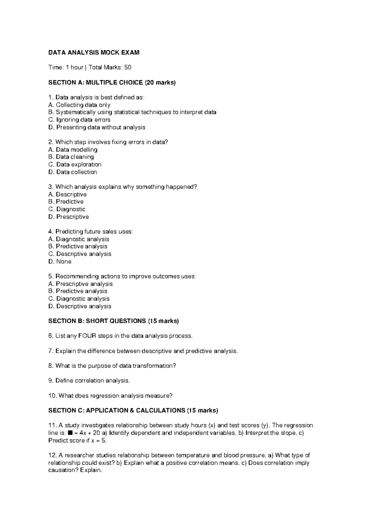 DATA ANALYSIS MOCK EXAM - Practice Questions & Answers - Studocu