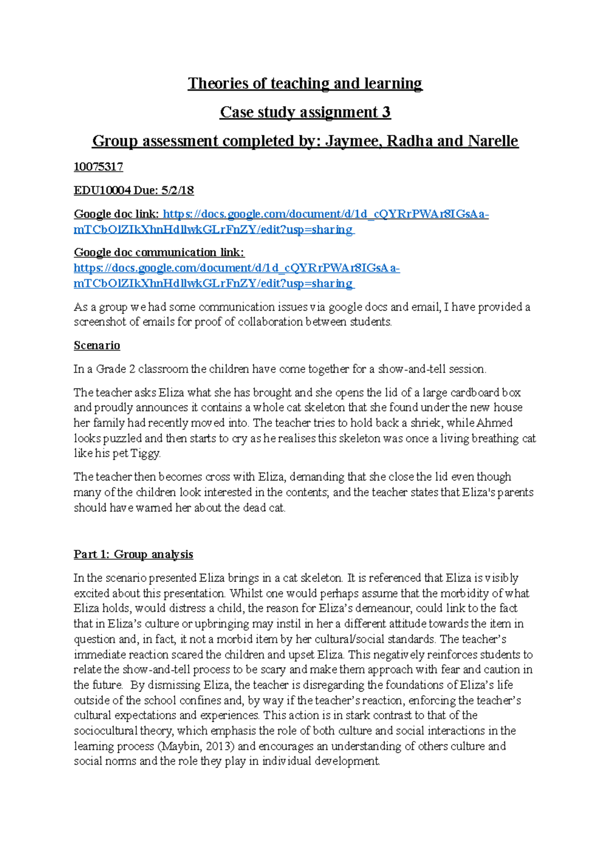 10075317 Theories of Teaching & Learning: Group Case Study Analysis ...