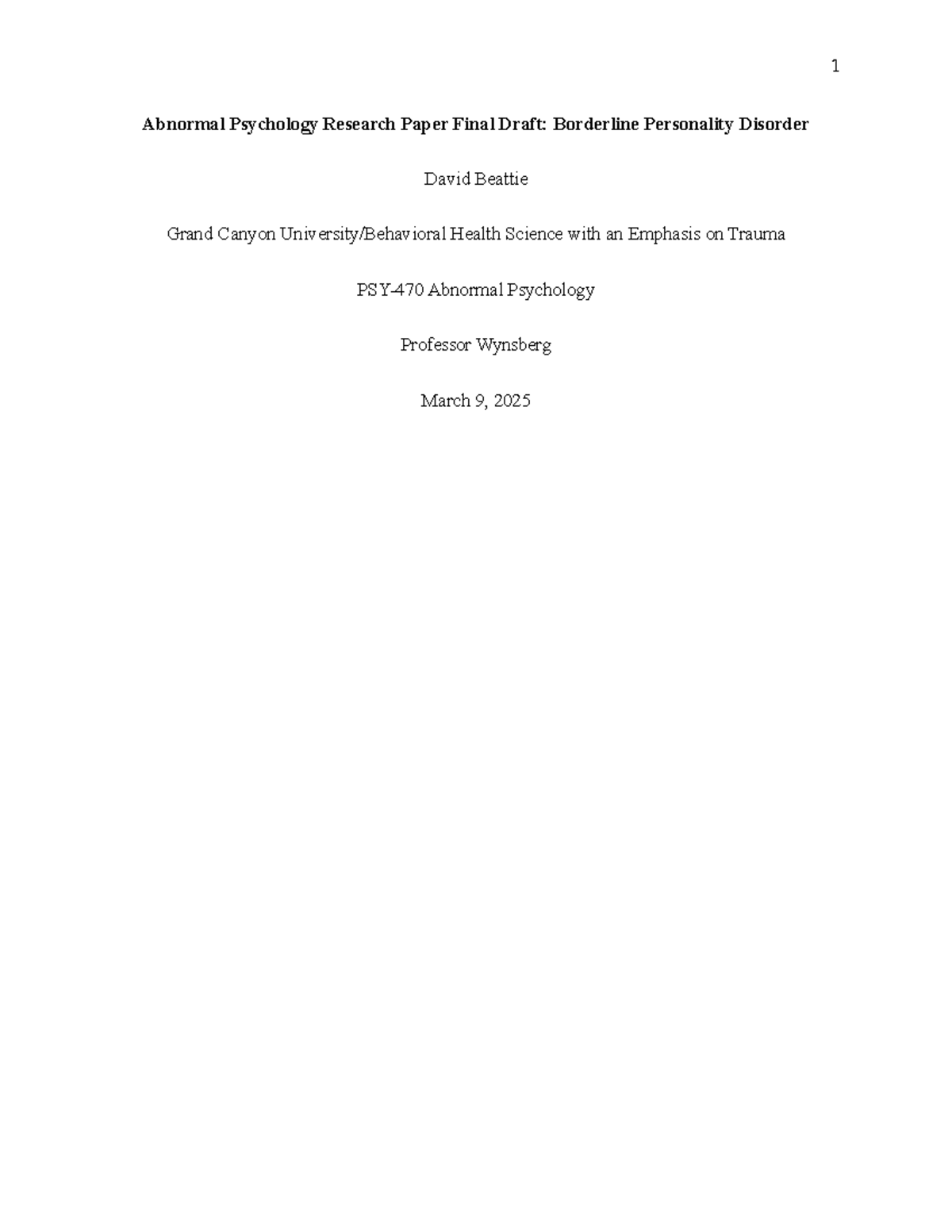 PSY-470 Abnormal Psychology Final draft - Abnormal Psychology Research ...