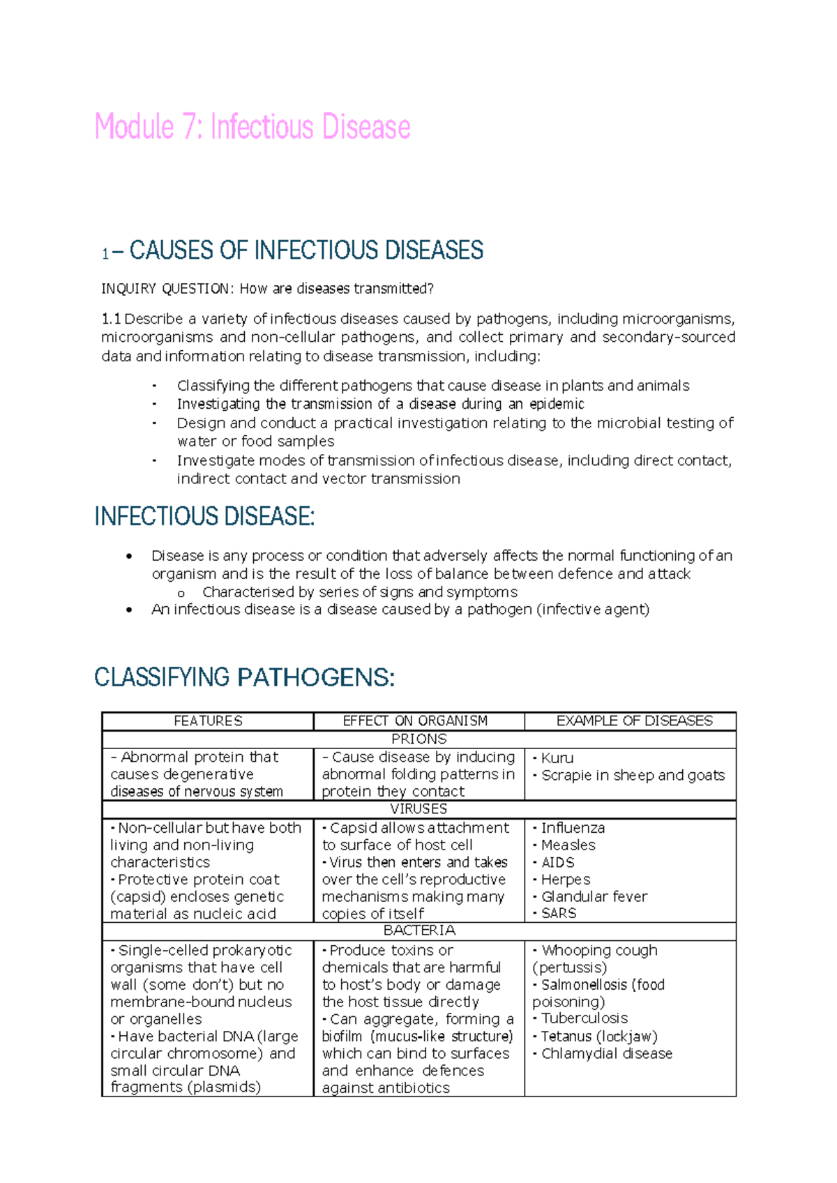 Module 7 HSC Study Notes on Infectious Diseases and Pathogens - Studocu