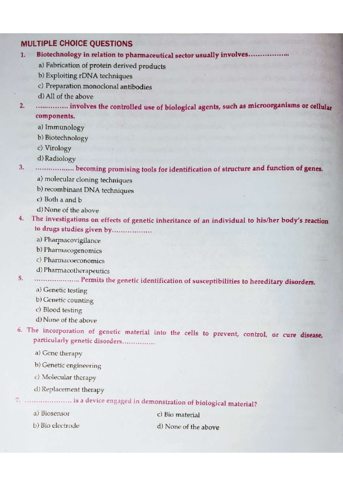 B Pharma 3rd Year Biotechnology: Multiple Choice Questions Review - Studocu