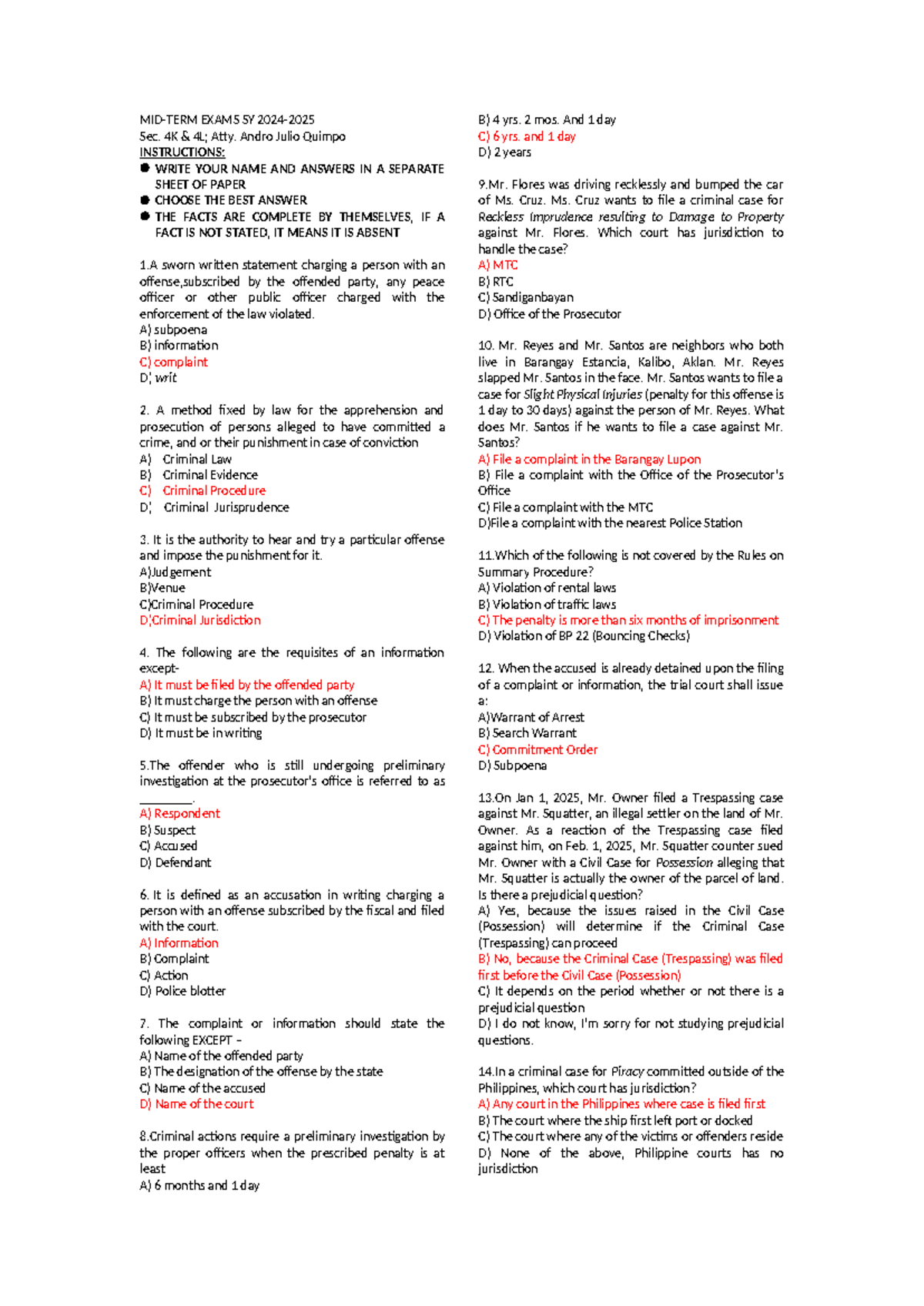 Midterm Review CLJ6 SY 2024 - Exam Questions and Instructions - Studocu