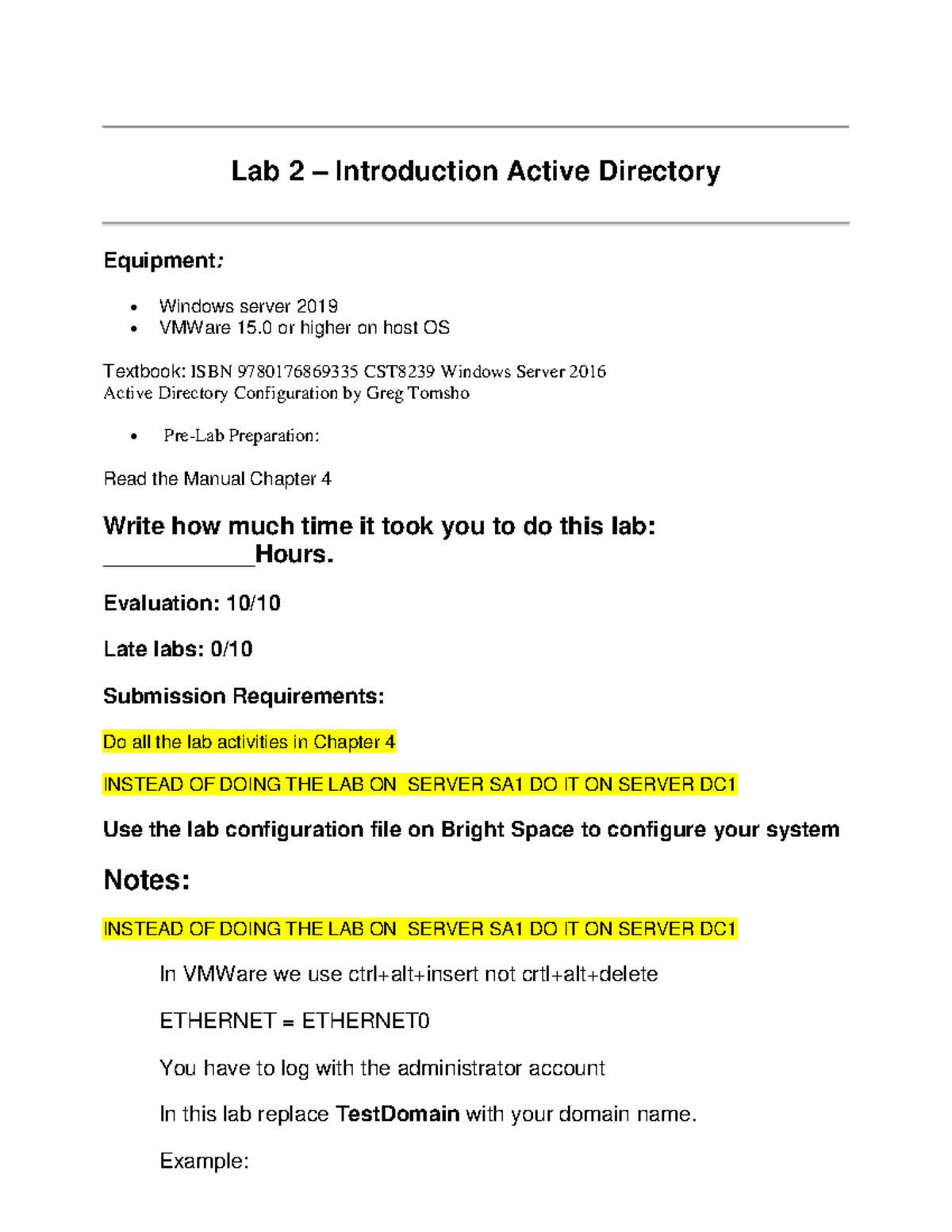Lab 2 Introduction Active Directory Equipment: Windows server 2019 ...