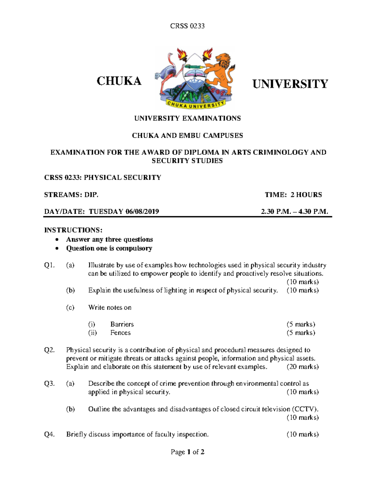 CRSS 0233: Physical Security Examination Questions and Guidelines ...