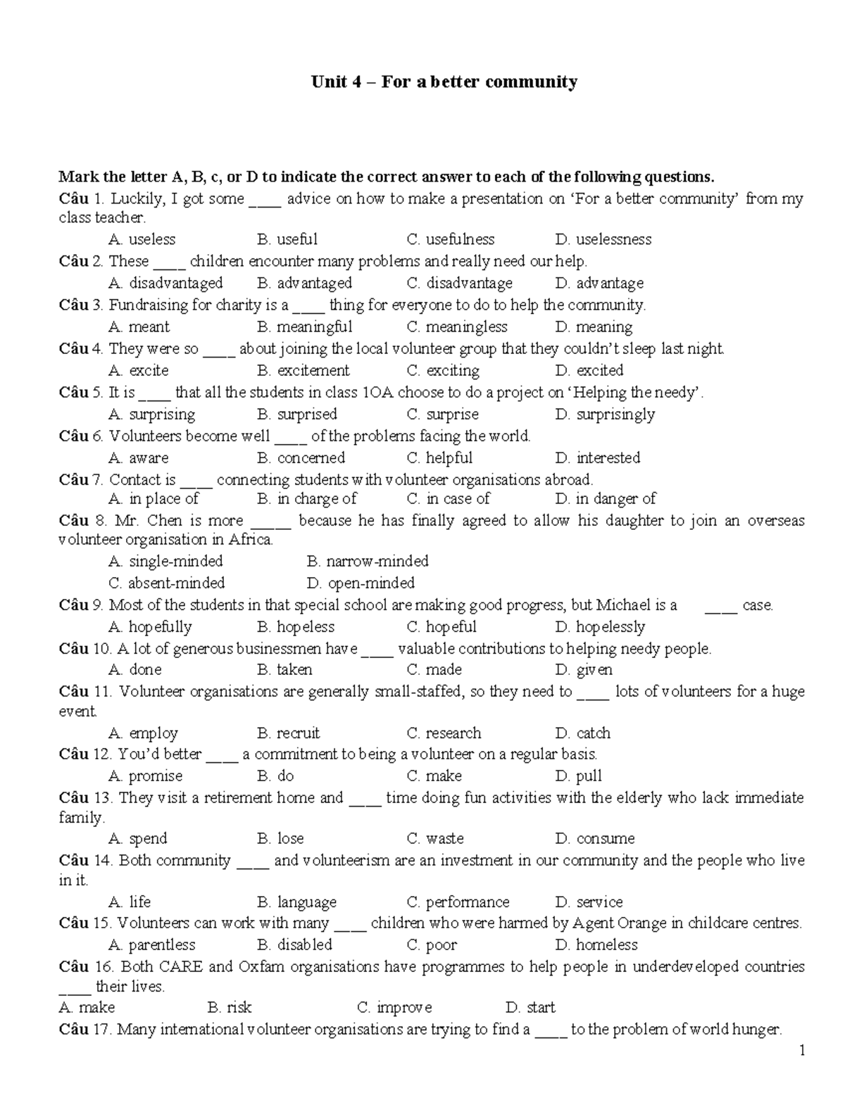 Unit 4 - Quiz: For a Better Community (Key Answers) - Studocu