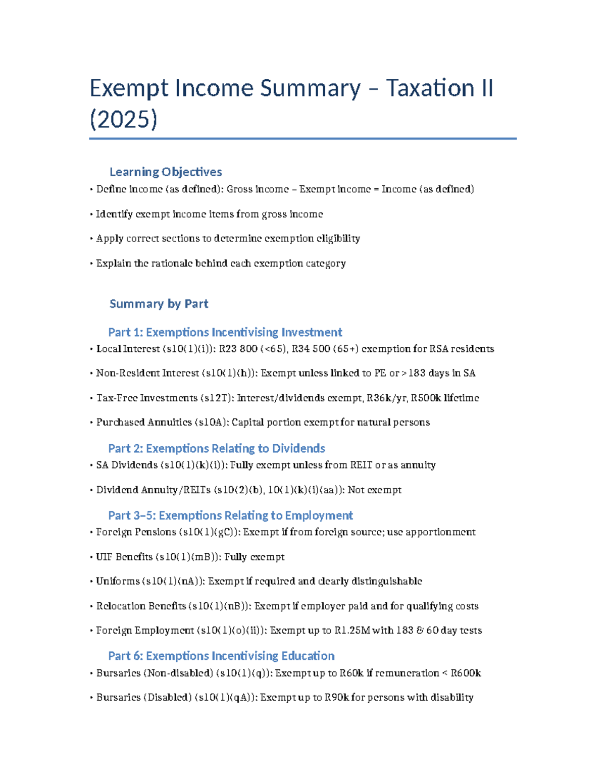 Exempt Income Study Sheet for Taxation II (2025) - Studocu