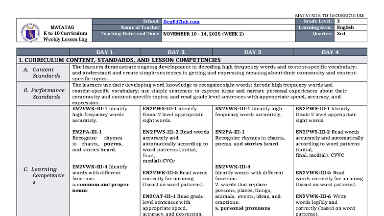 MATATAG K to 10 Curriculum DLL for English 2 Q3 W2 - Studocu